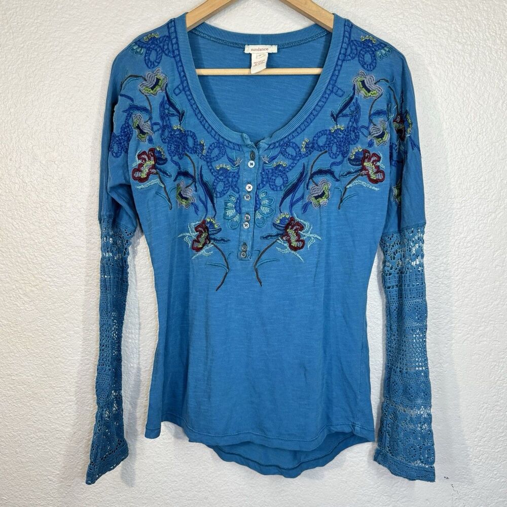 Sundance Henley Top Teal Floral Embroidery Crochet Sleeves Boho Slim Fit Women S